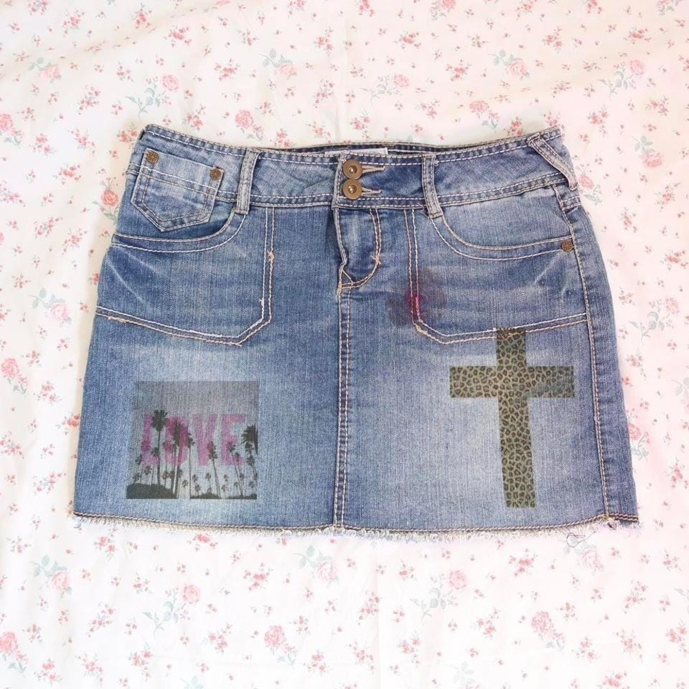 y2k custom denim mini skirt leopard cross graphic low rise